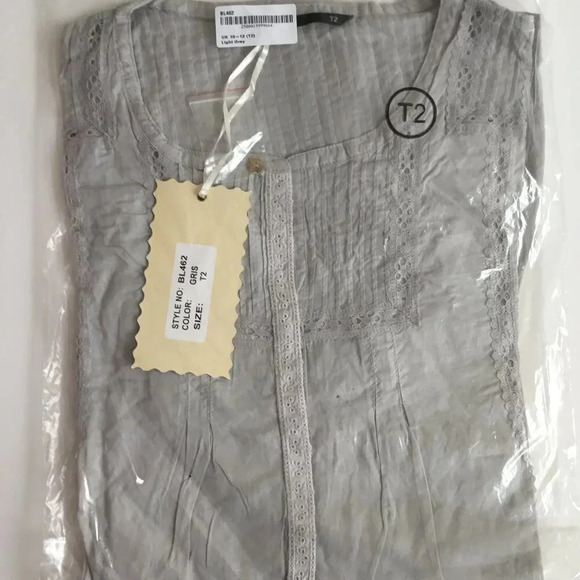 KY CREATION Lace Trim 100 % Cotton Blouse Light Grey | UK 10-12 (T2) - Picture 2 of 15